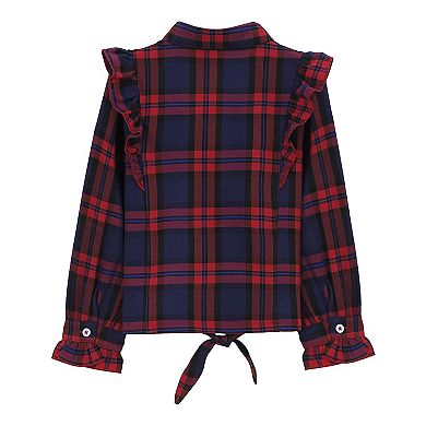 Girls Plaid Button Down Shirt Crop Tops Tie Knot Ruffle Long Sleeve Shirt Blouse 3-12Y