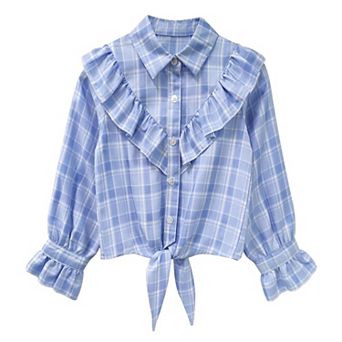 Girls Plaid Button Down Shirt Crop Tops Tie Knot Ruffle Long Sleeve Shirt Blouse 3-12Y