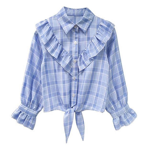 Girls Plaid Button Down Shirt Crop Tops Tie Knot Ruffle Long