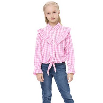 Girls Plaid Button Down Shirt Crop Tops Tie Knot Ruffle Long Sleeve Shirt Blouse 3-12Y