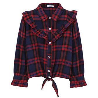 Girls Plaid Button Down Shirt Crop Tops Tie Knot Ruffle Long Sleeve Shirt Blouse 3-12Y
