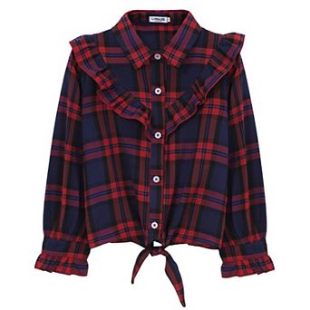 Girls Plaid Button Down Shirt Crop Tops Tie Knot Ruffle Long Sleeve Shirt Blouse 3-12Y