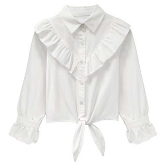 Girls Plaid Button Down Shirt Crop Tops Tie Knot Ruffle Long Sleeve Shirt Blouse 3-12Y
