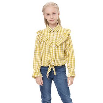 Girls Plaid Button Down Shirt Crop Tops Tie Knot Ruffle Long Sleeve Shirt Blouse 3-12Y