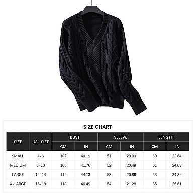 Women Casual Cable Knitted Sweaters V Neck Long Sleeve Pullover Tops Solid Color Sweaters