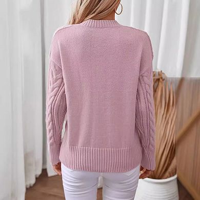 Women Casual Cable Knitted Sweaters V Neck Long Sleeve Pullover Tops Solid Color Sweaters