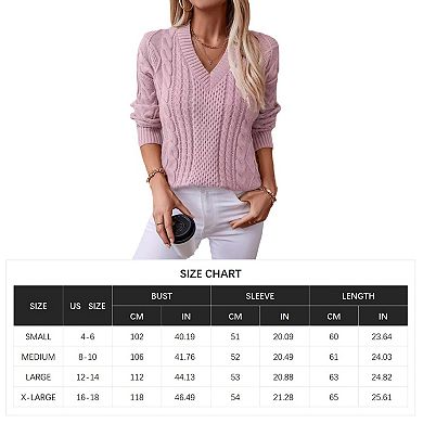 Women Casual Cable Knitted Sweaters V Neck Long Sleeve Pullover Tops Solid Color Sweaters