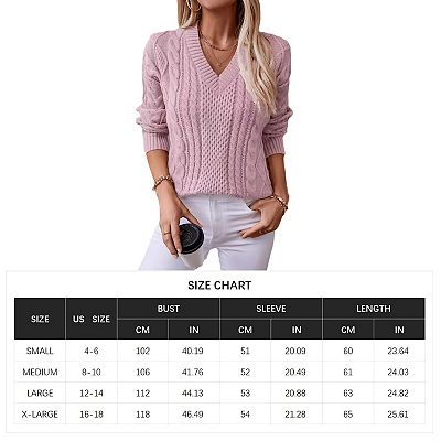 Women Casual Cable Knitted Sweaters V Neck Long Sleeve Pullover