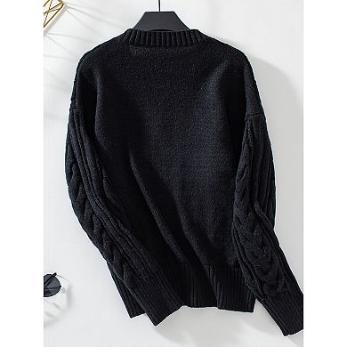 Women Casual Cable Knitted Sweaters V Neck Long Sleeve Pullover Tops Solid Color Sweaters