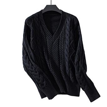 Women Casual Cable Knitted Sweaters V Neck Long Sleeve Pullover Tops Solid Color Sweaters