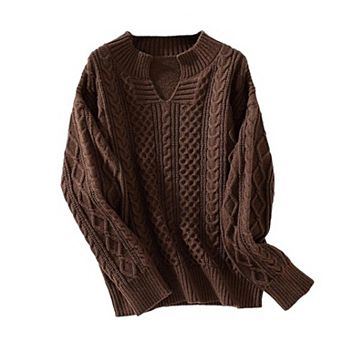 Women Casual Cable Knitted Sweaters V Neck Long Sleeve Pullover Tops Solid Color Sweaters