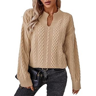 Women Casual Cable Knitted Sweaters V Neck Long Sleeve Pullover Tops Solid Color Sweaters