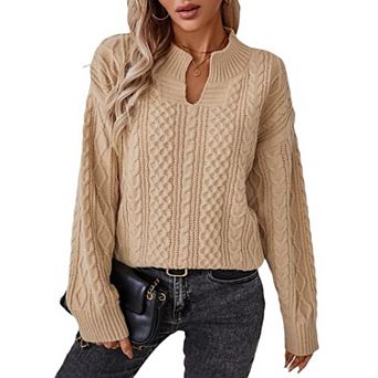 Women Casual Cable Knitted Sweaters V Neck Long Sleeve Pullover Tops Solid Color Sweaters