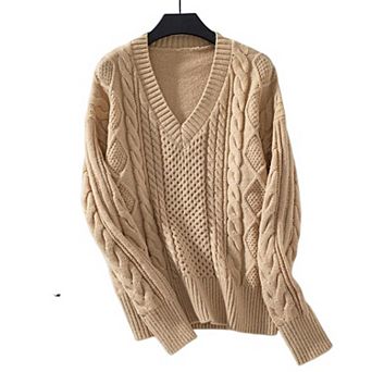 Women Casual Cable Knitted Sweaters V Neck Long Sleeve Pullover Tops Solid Color Sweaters