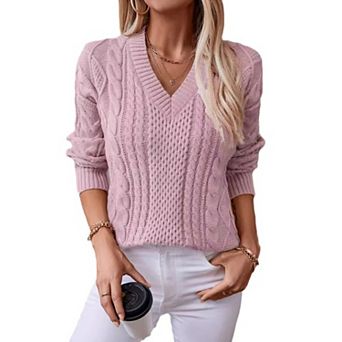 Women Casual Cable Knitted Sweaters V Neck Long Sleeve Pullover Tops Solid Color Sweaters