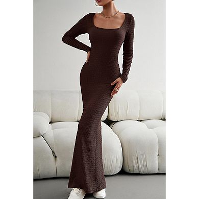 Women's Casual Long Sleeve Maxi Dress Square Neck Soft Lounge Long Bodycon Dress