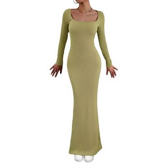 Women's Casual Long Sleeve Maxi Dress Square Neck Soft Lounge Long Bodycon Dress