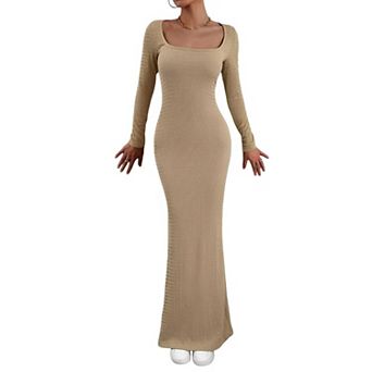 Women's Casual Long Sleeve Maxi Dress Square Neck Soft Lounge Long Bodycon Dress