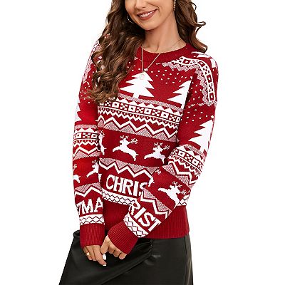 Womens Christmas Sweater Pullover Crew Neck Reindeer Sweater