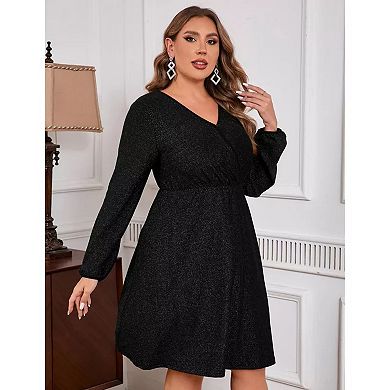 Women's Plus Size Sparkly Sequin Dress Long Sleeve Wrap V Neck Cocktail Club Dress