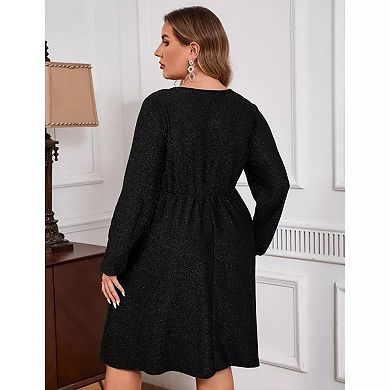 Women's Plus Size Sparkly Sequin Dress Long Sleeve Wrap V Neck Cocktail Club Dress