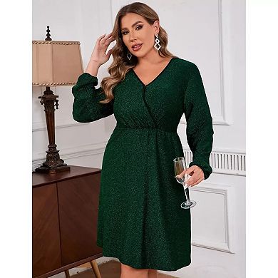 Women's Plus Size Sparkly Sequin Dress Long Sleeve Wrap V Neck Cocktail Club Dress