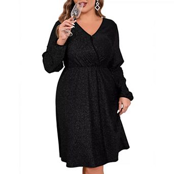 Women's Plus Size Sparkly Sequin Dress Long Sleeve Wrap V Neck Cocktail Club Dress