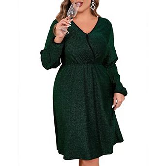 Women's Plus Size Sparkly Sequin Dress Long Sleeve Wrap V Neck Cocktail Club Dress