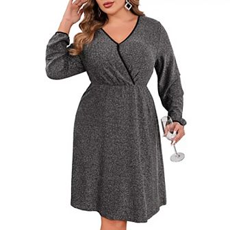 Women's Plus Size Sparkly Sequin Dress Long Sleeve Wrap V Neck Cocktail Club Dress