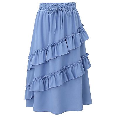 High Waisted Ruffle Soft Cotton Long Maxi Skirts with Elastic Waistband for Kid Girls 3 14 Years Girl s Size Medium Blue