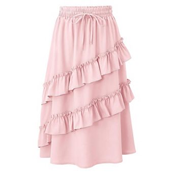 High Waisted Ruffle Soft Cotton Long Maxi Skirts with Elastic Waistband for Kid Girls 3-14 Years