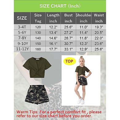 Girl's 2 Piece Outfit Short Sleeve Twist Crop Top and Print Shorts Sets Cute Clothing Set 3-12Y