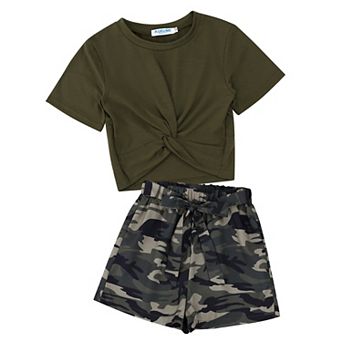 Girl's 2 pc Outfit Short Sleeve Twist Crop Top and Print Shorts Sets Cute Clothing Set 3-12Y