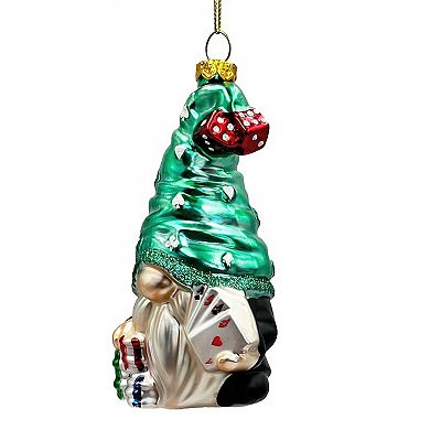 Casino Poker Gnome Glass Ornament, Cute Christmas Gambler