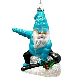 Snowboarding Gnome Glass Christmas Ornament, Winter Blue Aspen Tree Decor