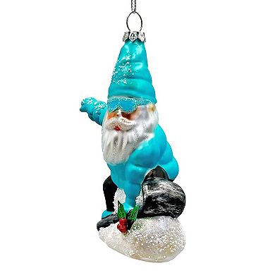 Snowboarding Gnome Glass Christmas Ornament, Winter Blue Aspen Tree Decor