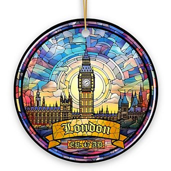 Elegant London Stained Glass Art Style Ornament, Vintage Big Ben Souvenir