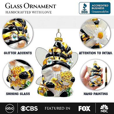 Sparkling Bee Gnome Glass Christmas Ornament, Bumblebee Themed Holiday Decor