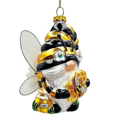 Sparkling Bee Gnome Glass Christmas Ornament, Bumblebee Themed Holiday Decor