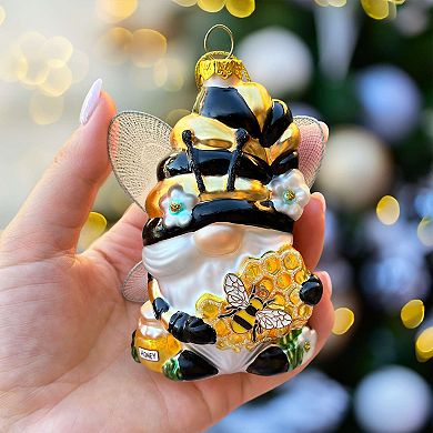 Sparkling Bee Gnome Glass Christmas Ornament, Bumblebee Themed Holiday Decor