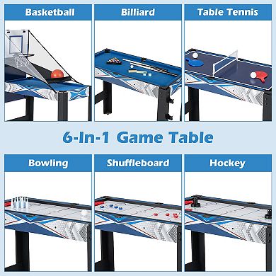 6-In-1 Combo Game Table with Basketball Billiards Ping Pong Hockey Shuffleboard