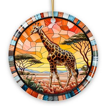 Serengeti Splendor Giraffe Stained Glass Style Ceramic Ornament, Safari Animals Christmas Gift
