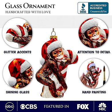 Cute Monkey with Candy Cane Glass Christmas Ornament, Adorable Chimp Holiday Tree Decor