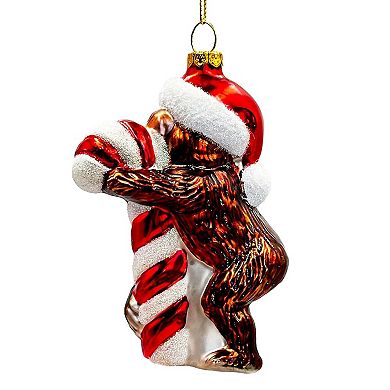 Cute Monkey with Candy Cane Glass Christmas Ornament, Adorable Chimp Holiday Tree Decor
