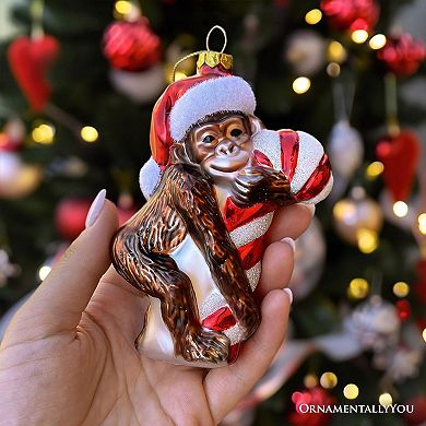 Cute Monkey with Candy Cane Glass Christmas Ornament, Adorable Chimp Holiday Tree Decor
