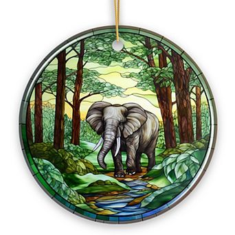 Gentle Giants Elephant Stained Glass Style Ceramic Ornament, African Animals Christmas Gift Decor