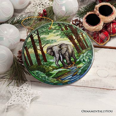 Gentle Giants Elephant Stained Glass Style Ceramic Ornament, African Animals Christmas Gift Decor