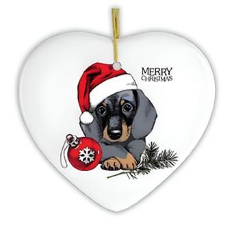 Dachshund Christmas Ornament, Cute Dog with Santa Hat, Heart Version