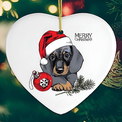 Dachshund Christmas Ornament, Cute Dog with Santa Hat, Heart Version
