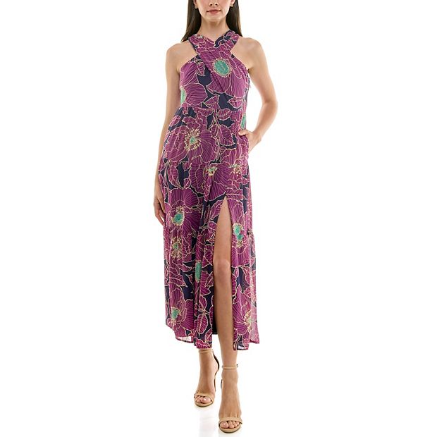 knee length dresses for ladies Maxi Halter Criss Cross Back Gown Medium main image 0